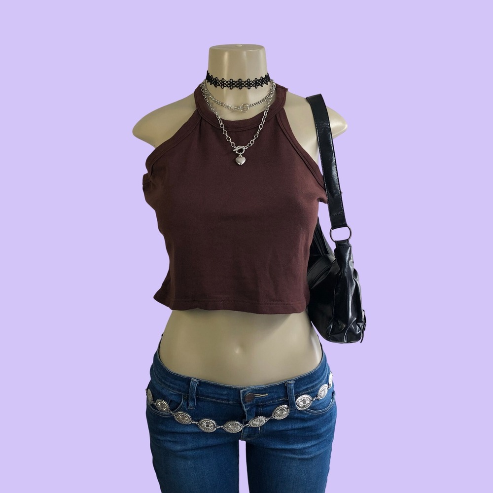 Vintage Y2K One Step Up Chocolate Brown Halter Top High Neck Crop Top Womens L